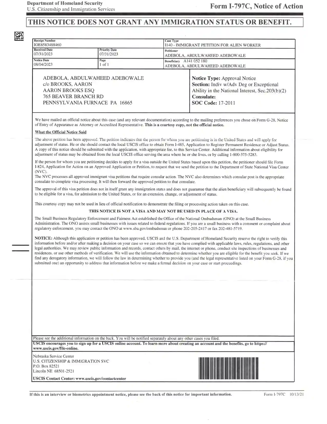 I-140 Approval Notice - Abdulwaheed Adebola_page-0001